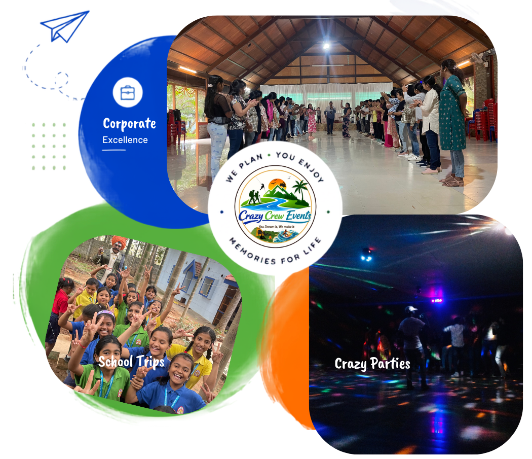 Crazy Crew Events – Corporate Excellence, School Trips and Crazy Parties collage with company logo